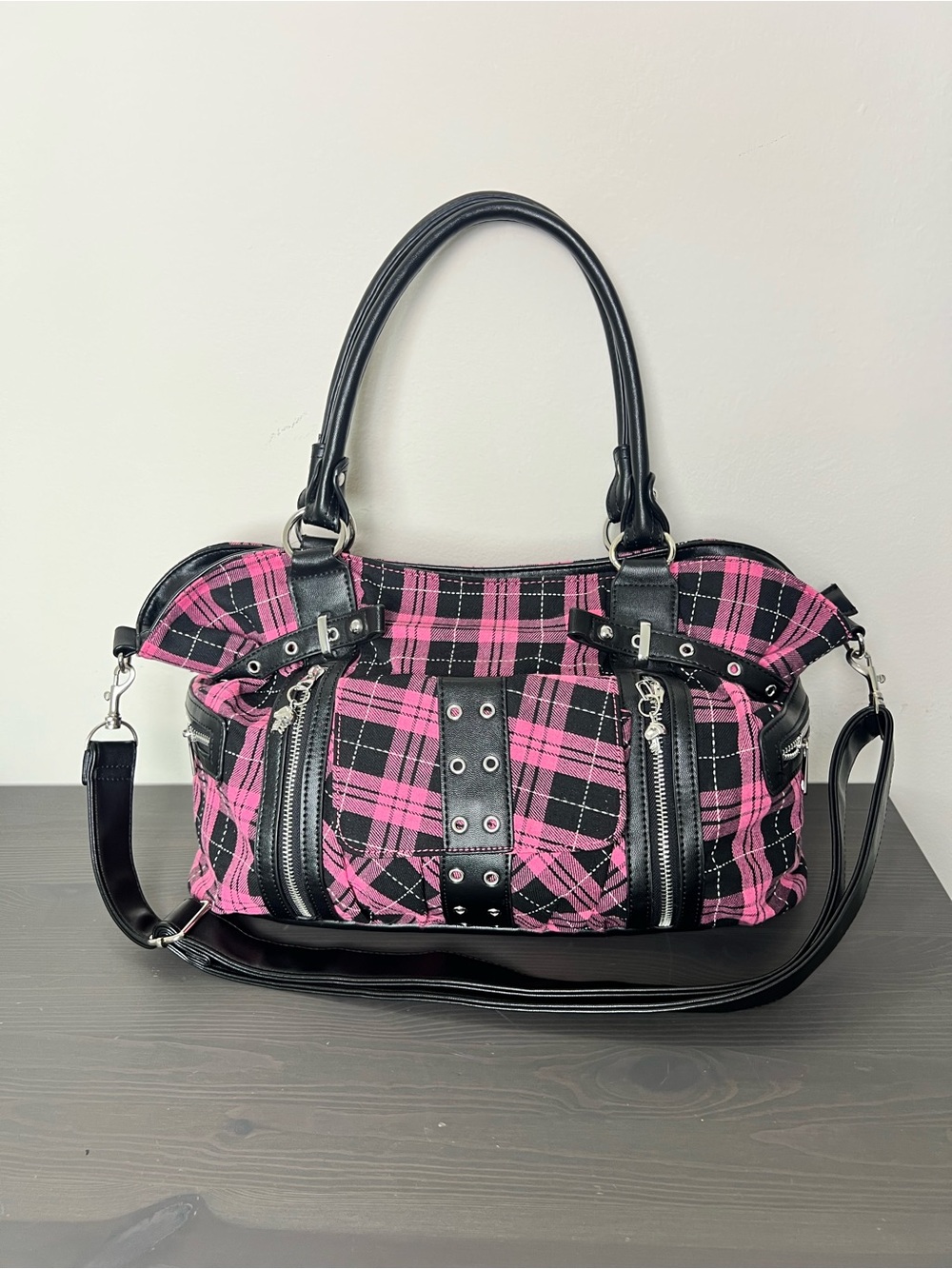 Lost Queen Rise Up Pink Plaid Goth Punk Emo Y2K Shoulder Crossbody Bag